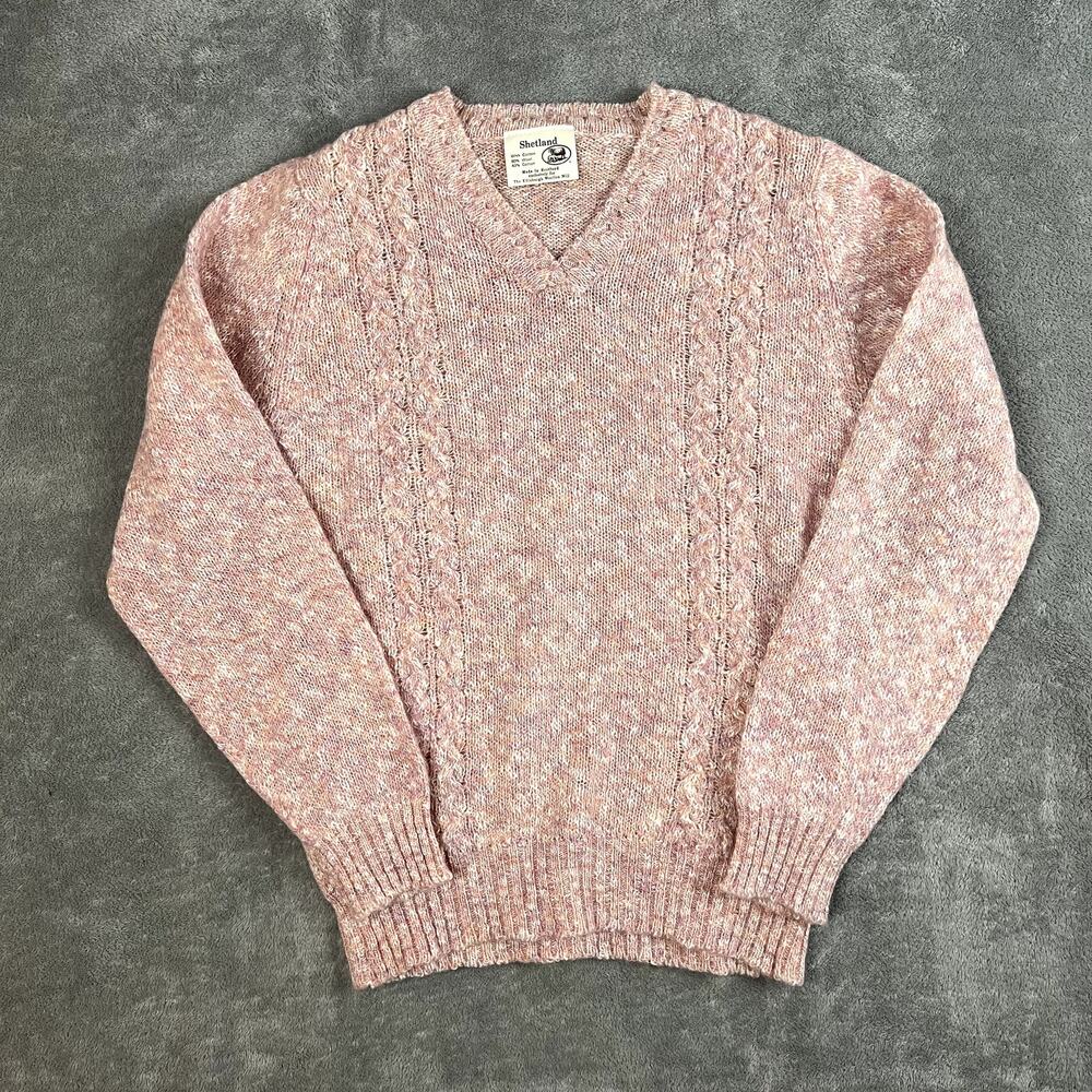 Vintage Shetland Wool Sweater Womens S Pink V Neck Cable Knit Made in Scotland
